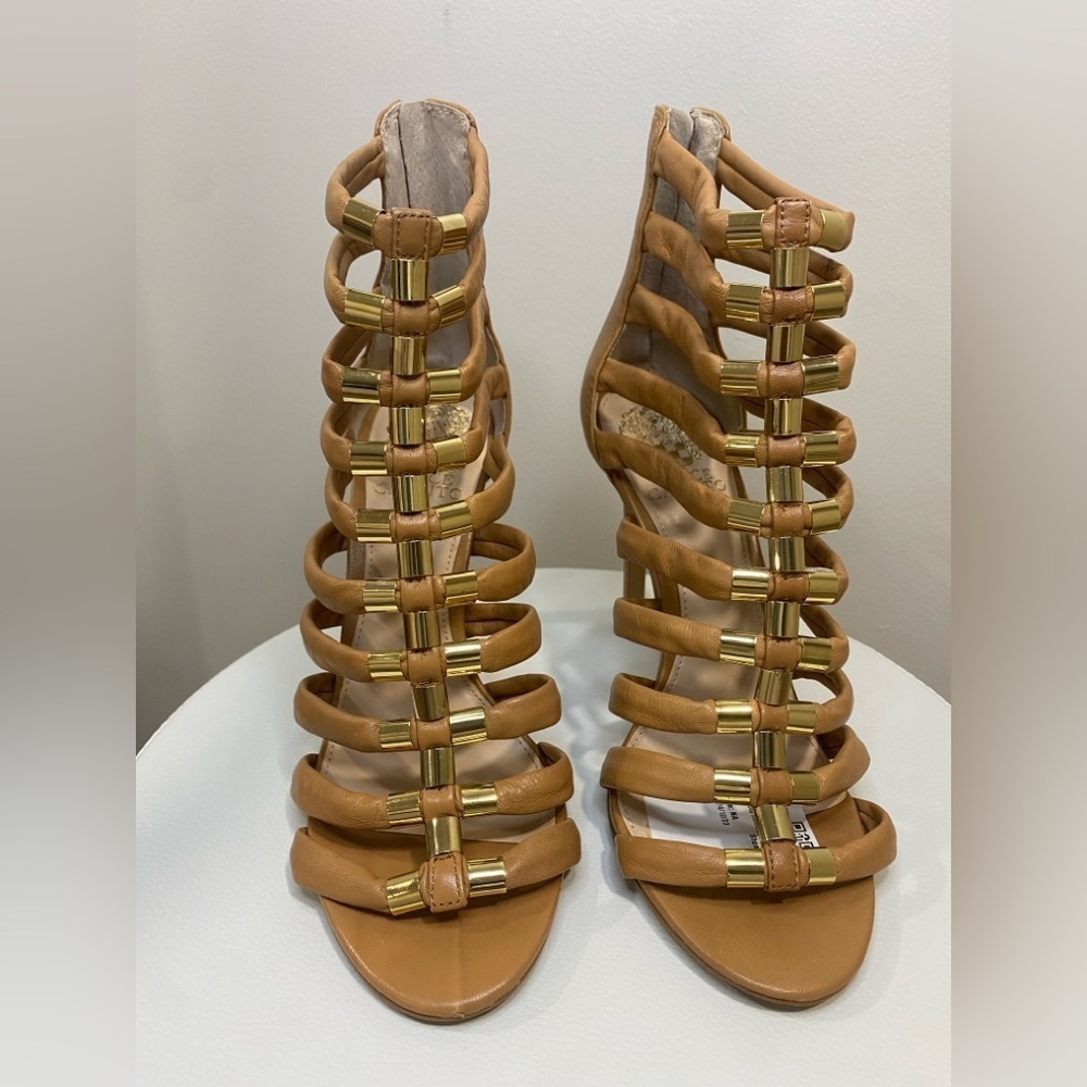 Vince Camuto Troy Gladiator Heels 6.5 Tan Leather Strappy Gold Accents Sandals - Picture 4 of 9